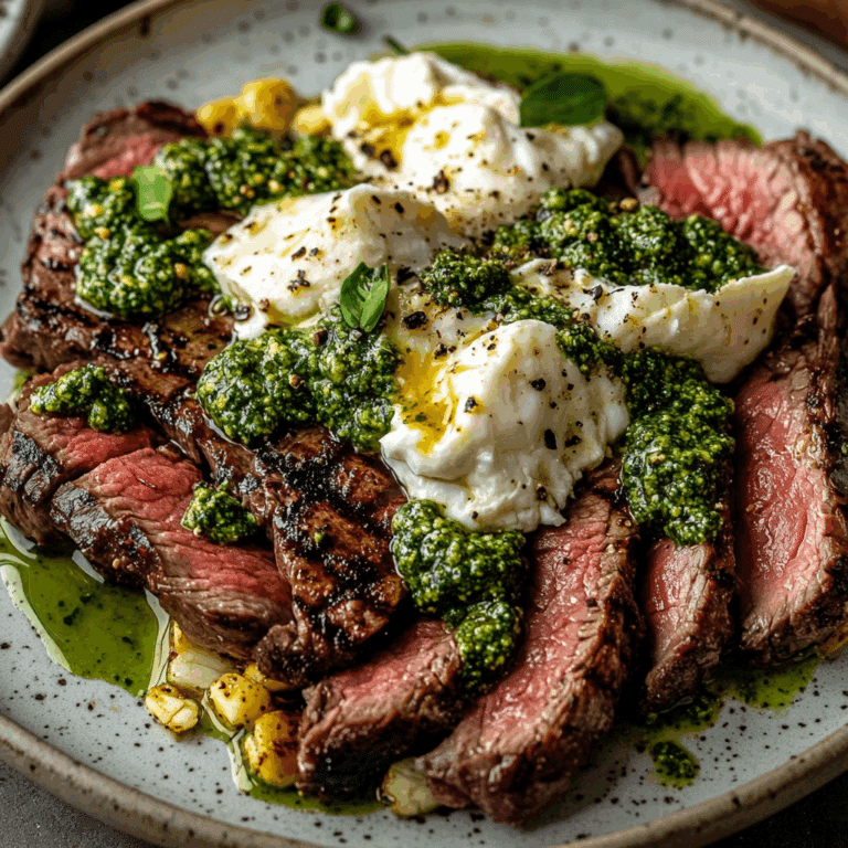 Grilled Flank Steak with Burrata & Pesto