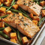 Sheet Pan Baked Salmon with Sweet Potatoes and Green Beans