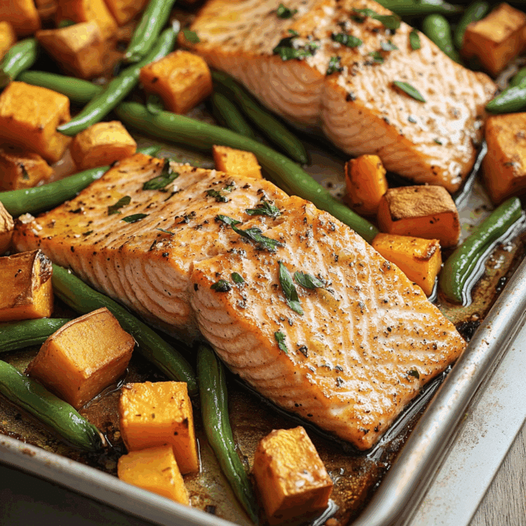 Sheet Pan Baked Salmon with Sweet Potatoes and Green Beans