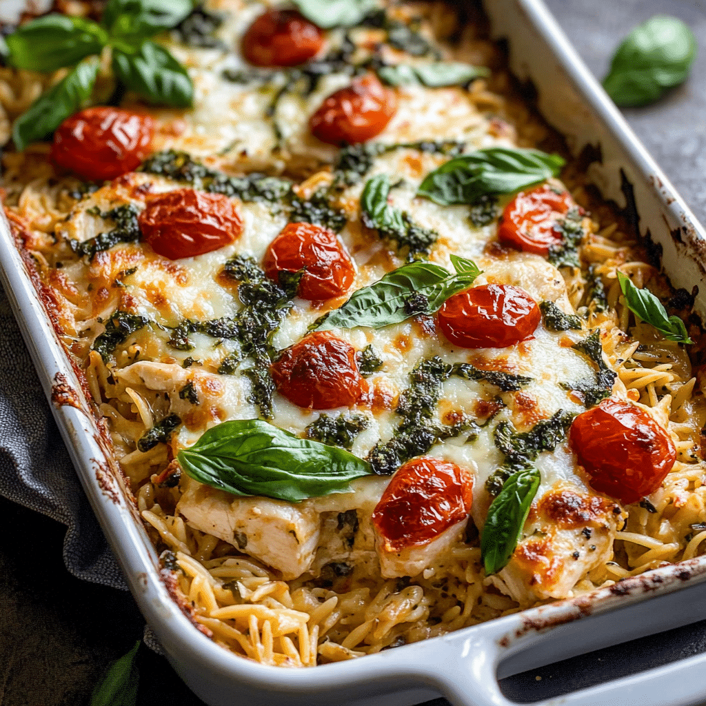 One Pan Chicken Caprese Orzo Bake