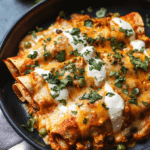 Spicy Black Bean Chicken Enchiladas with Pumpkin Sour Cream Sauce