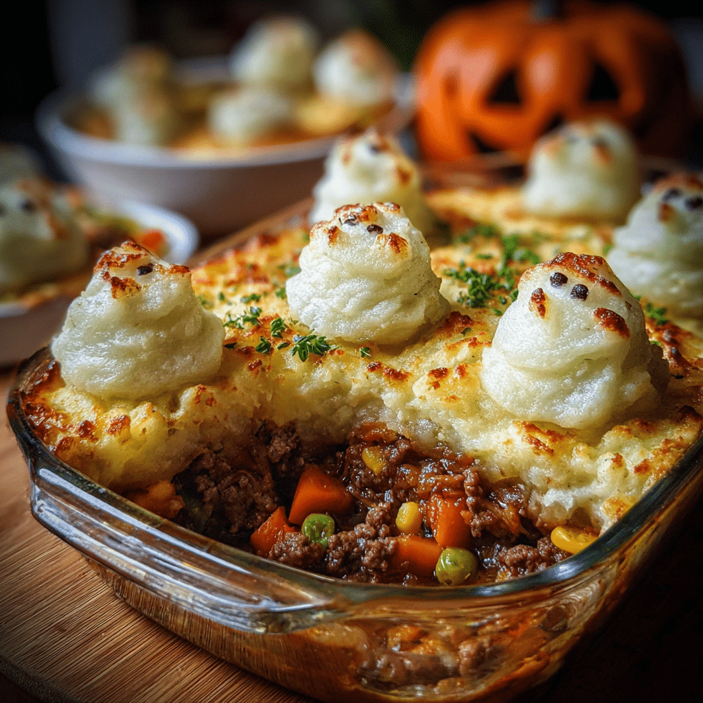 Creepy Shepherd’s Pie With Ground Beef And Ghost Potatoes