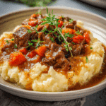 Fall Apple Cider Beef Stew over Mashed Potatoes