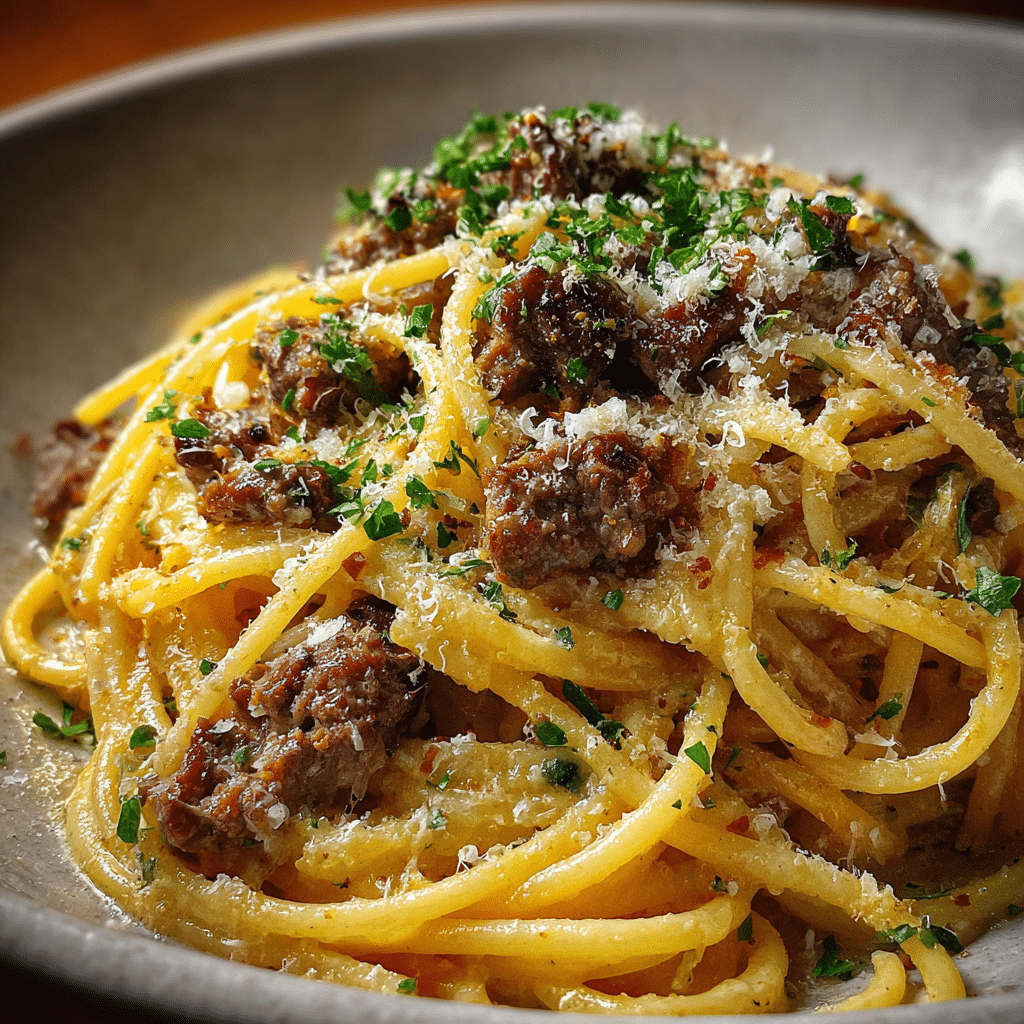 Garlic Butter Parmesan Spaghetti with Savory Beef