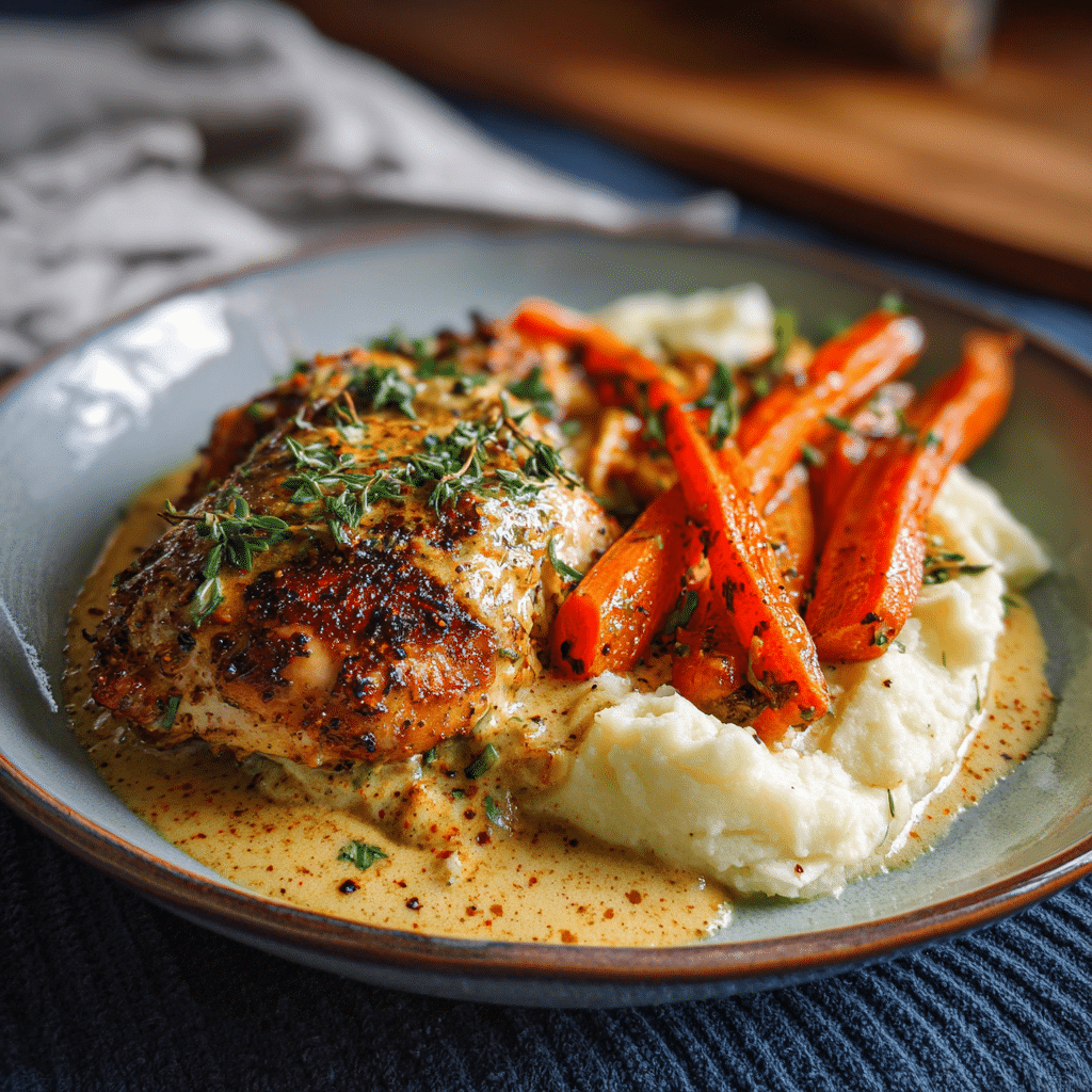 Garlic Herb Chicken with Creamy Mash & Roasted Carrots