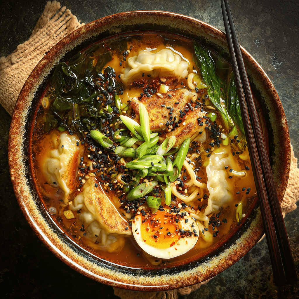 Savory Dumpling Ramen Bowl with Soft-Boiled Eggs and Fresh Greens
